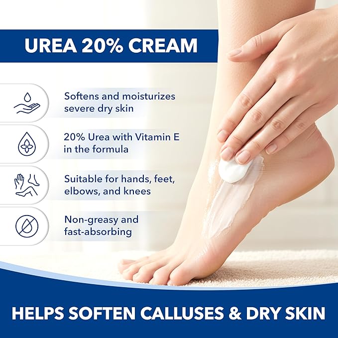 Urea 20% Cream with Vitamin E for Severe Dry, Rough and Scaly Skin, Intense Moisturizer and Gentle Exfoliator for Hands, Feet, Elbows and Knees Inc, 3 oz