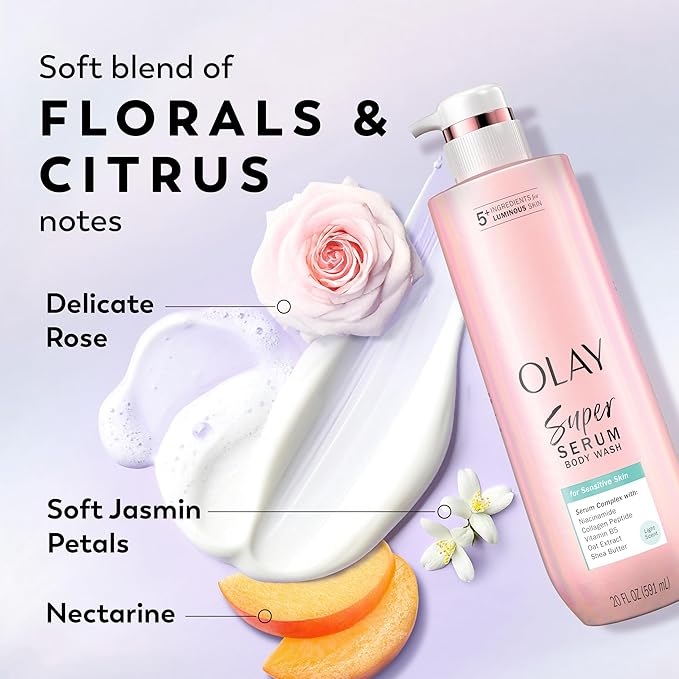 Olay Super Serum Body Wash for Sensitive Skin, 24hr Long Lasting Rich Hydration, 5+ Ingredient Complex for Bright, Even, Firm & Luminous Skin, with Collagen Peptide, Vitamin B5 & Shea Butter, 20 fl oz