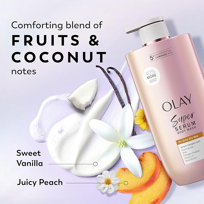 Olay Super Serum Body Wash for Extra Dry Skin, 24hr Long Lasting Rich Hydration, 5+ Ingredient Complex for Bright, Even, Firm, & Luminous Skin, with Collagen Peptide, Vitamin C & Shea Butter, 28 fl oz