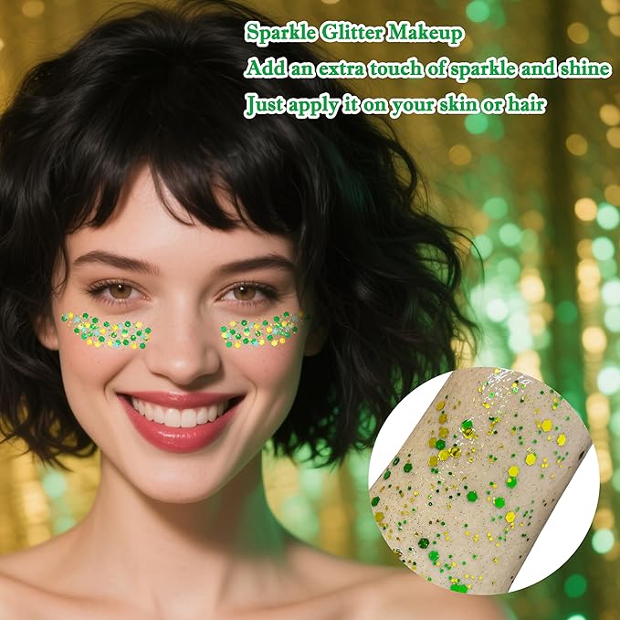 MEICOLY Gold and Green Face Glitter,St Patricks Day Accessories,Gold Hair Sparkle Self-Adhesive Halloween Body Glitter Makeup for Mardi Gras Carnival Irish Festival Party