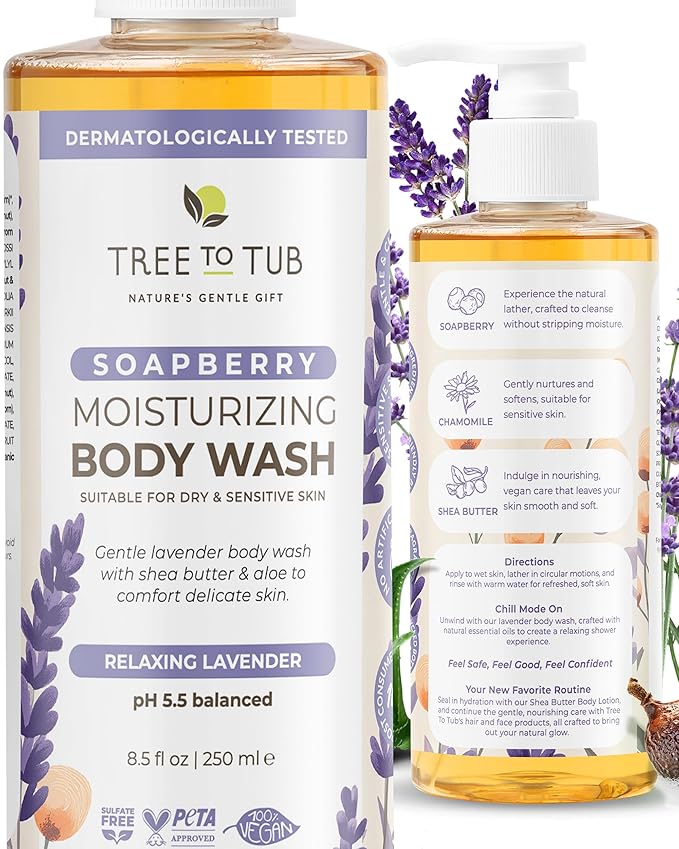 Tree To Tub Lavender Body Wash for Sensitive Skin & Dry Skin - pH Balanced Moisturizing Body Wash, Hydrating Sulfate Free Vegan Body Soap for Women & Men w/Organic Shea Butter, All Natural Aloe Vera