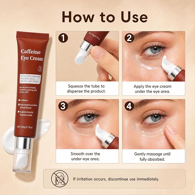 Caffeine Eye Cream, Under Eye Cream for Dark Circles Puffiness and Wrinkles Eye Bags, Multi Peptide Moisturizer Brightens Night Formula Caffeine Eyecream with Cooling Metal Tip, 0.75 fl oz