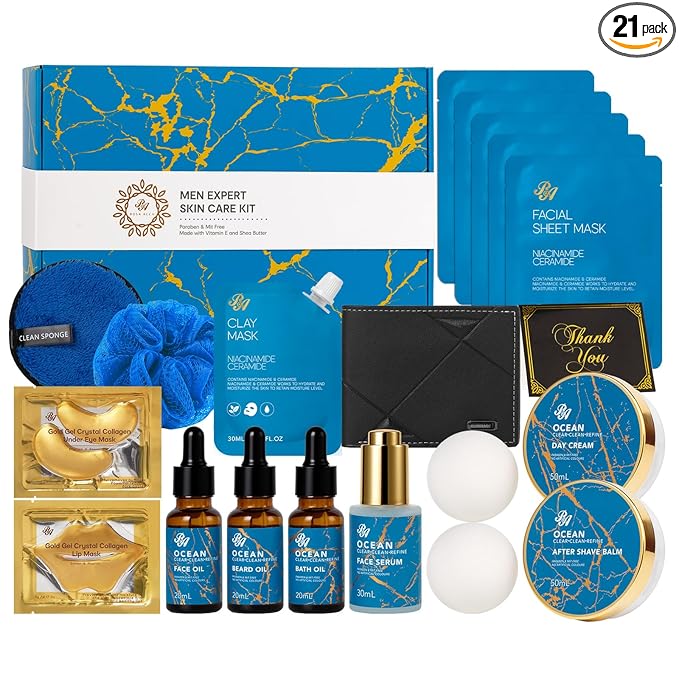 21 Pcs Men Facial Skin Care Set, Father's Day Gifts, Bath & Beard Gift Set for Men, Home Spa & Self-Care Gift Basket Set, Clay Mask, Birthday, Christmas, Valentines, Boyfriend, Anniversary, Dad