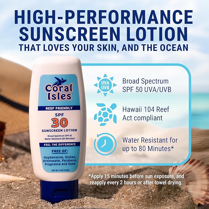 Coral Isles Sunscreen SPF 30 | Hawaii Reef Act Compliant | Octinoxate & Oxybenzone Free | Broad Spectrum UVA/UVB Protection | Water Resistant 80 Min. | Fragrance Free | 6 Fl Oz (Pack of 1))