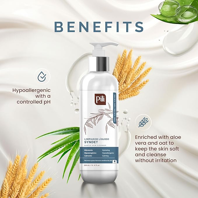 Pili Natural Syndet - Gentle Skin Cleanser with Oatmeal and Aloe Vera - Hypoallergenic cleanser for sensitive skin - 8.4 Fl.oz