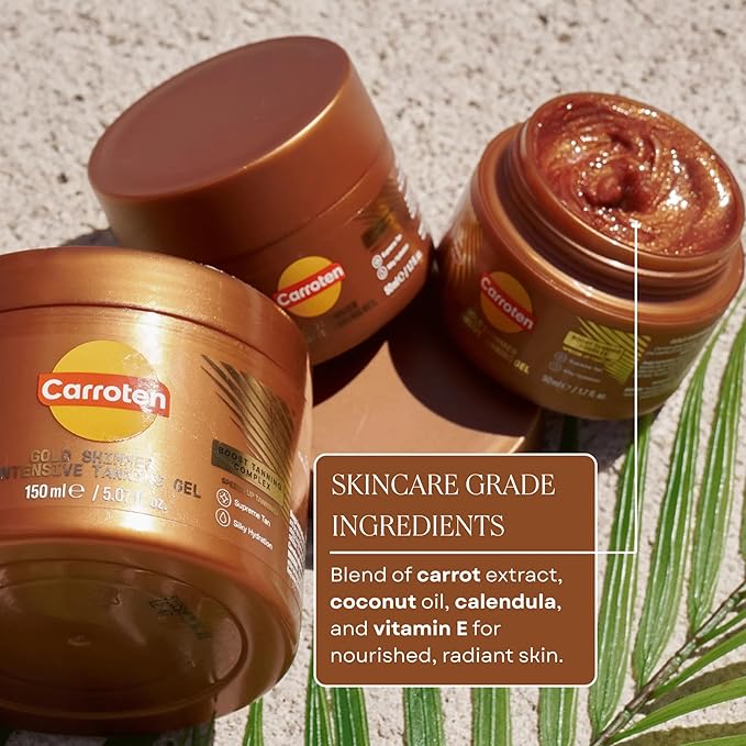Carroten Shimmer Tanning Gel | Travel Size Tan Accelerator & Body Bronzer | Non-Greasy Water-Resistant with Carrot & Coconut Oil | Vitamin A&E for Moisture & Hydration | TSA Approved | 1.7oz + Spatula