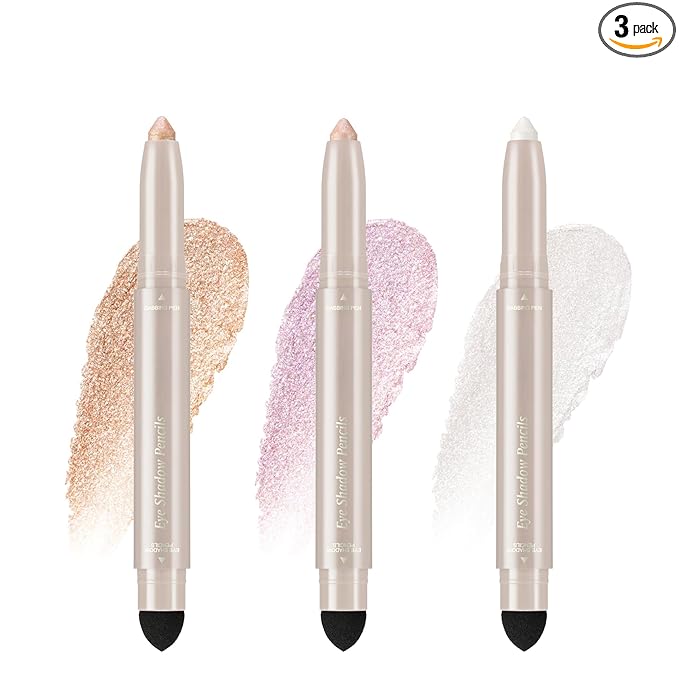 Noerrors 3Colors Glitter Eyeshadow Brightener Stick Set, Champagne&Pink&Pearl White Sparkle Cream Eyeliner&Eye Shadow Pencil with Brush, Waterproof Silky Smooth Shimmer Metallic Eye Highlighter Makeup
