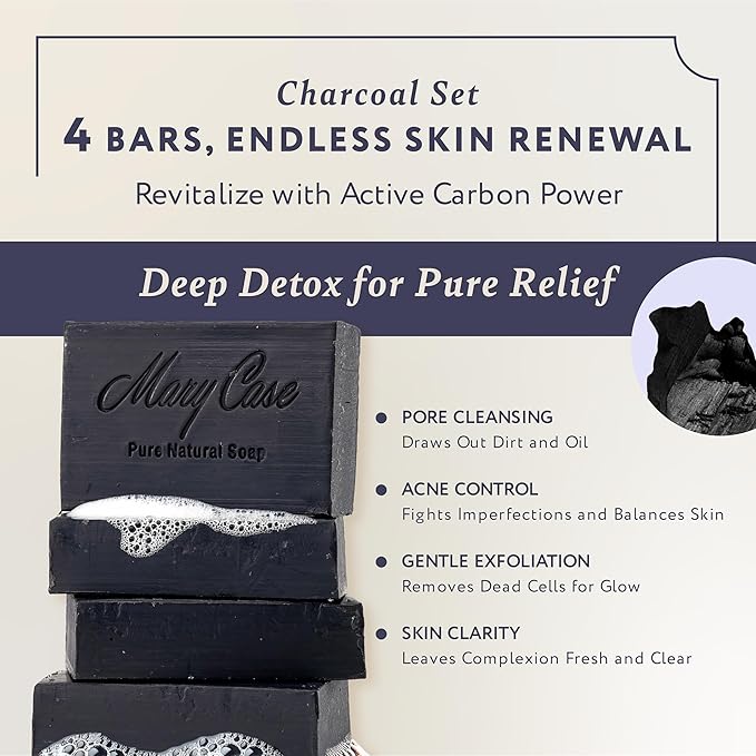 Mary Case Activated Charcoal Bar Soap Set of 4 | Natural Soap with Olive & Coconut Oils | Vegan Bath Soap for Men & Women | Deep Cleansing, Detoxifying Pores & Removing Impurities