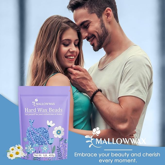 Mallowwax Hard Wax Beads, 1lb Blue Stripless Wax For All Skin Types, Brazilian Wax Beads For Bikini Wax, Face, Eyebrows, Underarms, Legs, Full Body Hair Rmoval For Women and Men