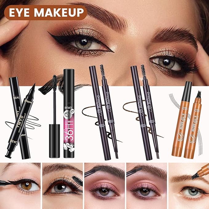 All in One Makeup Kit for Women Full Kit, Make Up Gift Set, Makeup Essential Bundle Includes Foundation Eyeshadow Palette Concealer Lipstick Eyeliner Eyebrow Stencils Mascara Cosmetic Brush Set
