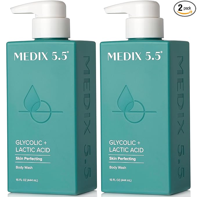MEDIX 5.5 Glycolic Acid + Lactic Acid Exfoliating Body Wash Gel | KP Bump Eraser | AHA Exfoliant Skin Care Body Cleanser | Keratosis Pilaris & Acne | Anti Aging AHA Foaming Body & Face Wash, 2-Pack