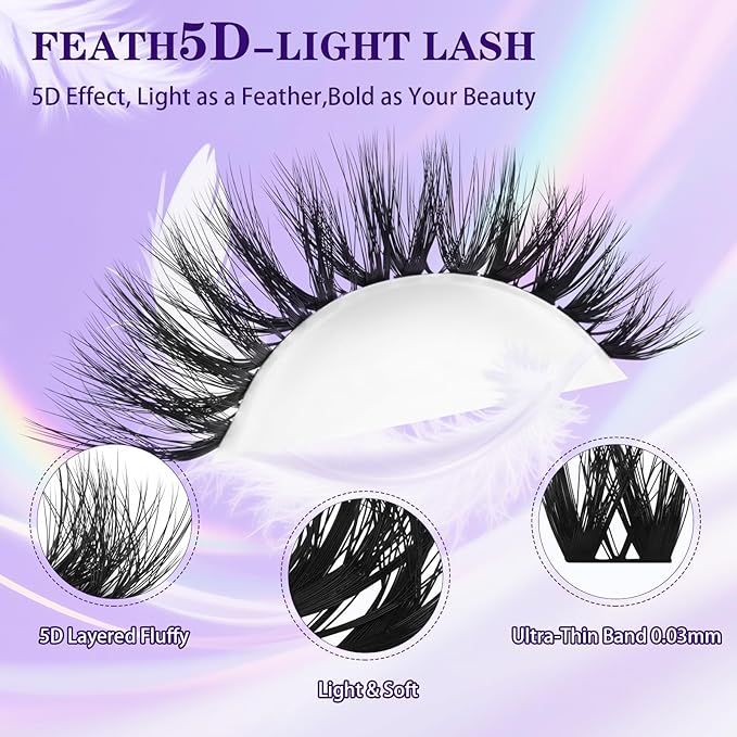 B&Q Flora Lash Clusters Kit Feath5D Wispy Lashes Clusters Wide Band Full Cluster Eyelash Extensions C Curl 8-18Mix Feather Light Medium Volume Fluffy Eyelash Clusters Kit for Wispy Look（Feath5D01 Kit）