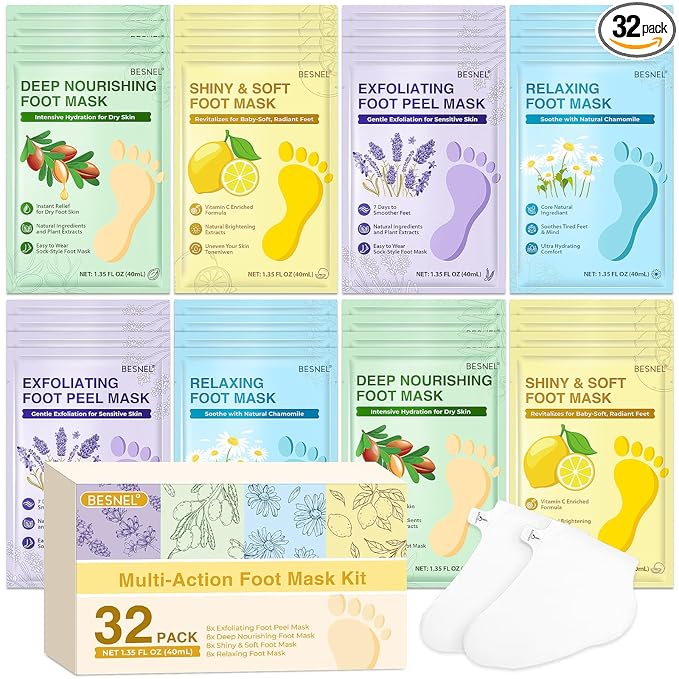 32 Pack Moisturizing Foot Mask,Hydrating Foot Masks for Dry Cracked Feet,Soothing Dry Skin Moisturizer Socks for Baby Soft Feet,Teacher Appreciation Gifts,Foot Care Spa Gifts for Women Men(4 Styles)