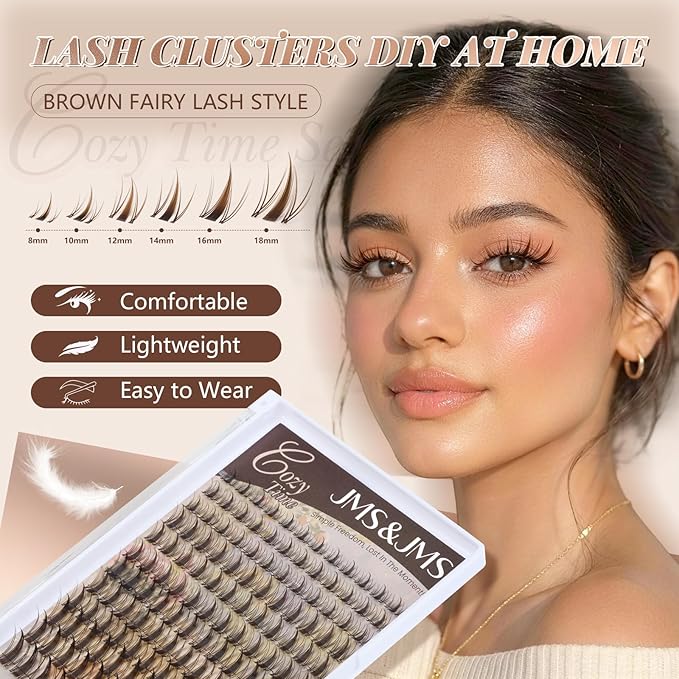 JMS&JMS Brown Fairy Lash Clusters Kit, Anime Manga Lash Extension Kit, Invisible Band Fairy Lashes, Wispy Natural Eyelash Clusters Kit with Bond and Seal and Applicators (Brown Fairy-C-8-18Mix)