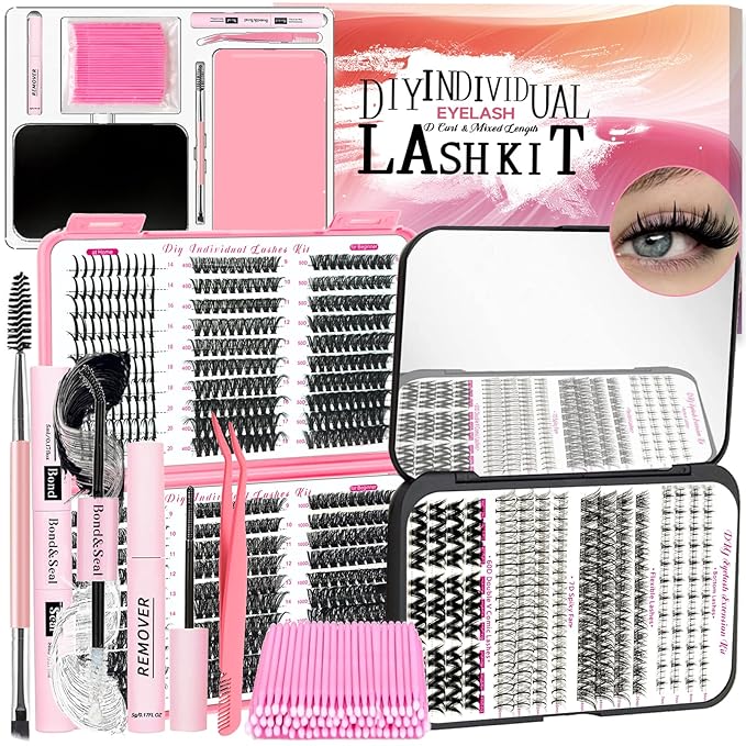 QUKLOGEN DIY Eyelash Extensions Kit with Spike Lash Cluster 802Pcs D Curl Wispy Individual Lashes Kit with Lash Bond and Seal,Quick Glue Remover Tweezers Eyelash Brush Mini Applicator