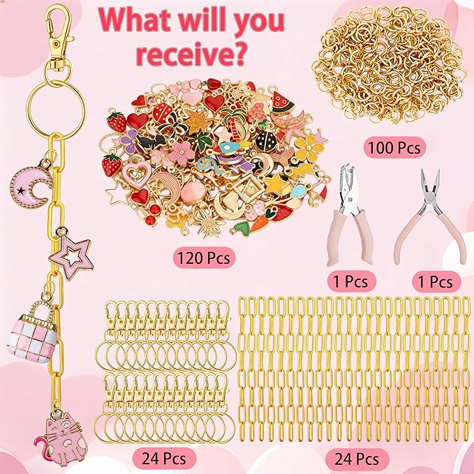 270Pcs Charms Lip Gloss Keychain Making Kit, DIY Craft Supplies with Charms, Key Chain Hooks, Jump Rings, Lobster Clasps, Chains & Tools, Jewelry Making Kit for Custom Keychains, Valentines Gifts