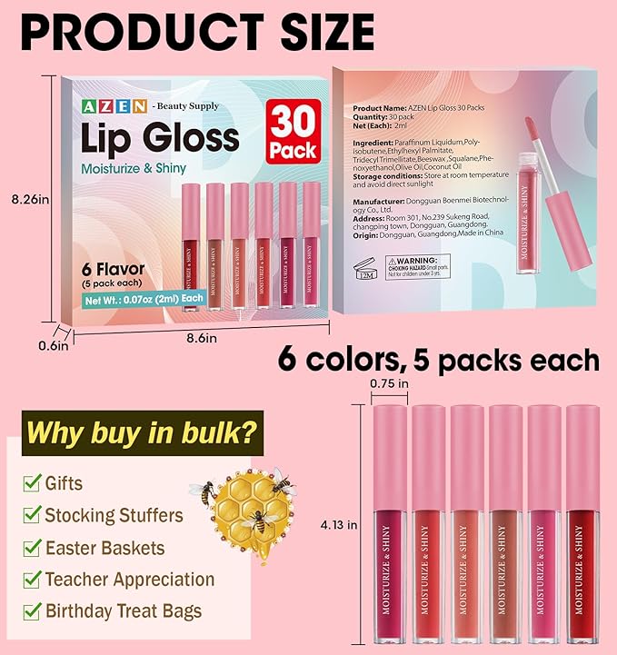 AZEN 30 Pack Lip Gloss Bulk Set, Shimmery Lip Gloss for Women and Girls With Rich Varied Colors, Mothers Day Gifts for Women