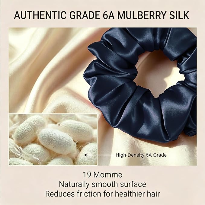ZLYC 100% Mulberry Silk Scrunchie 19 Momme Gentle Creaseless Hair Tie for Women Dent-Free Ponytail Holder, 3.5cm Solid Navy