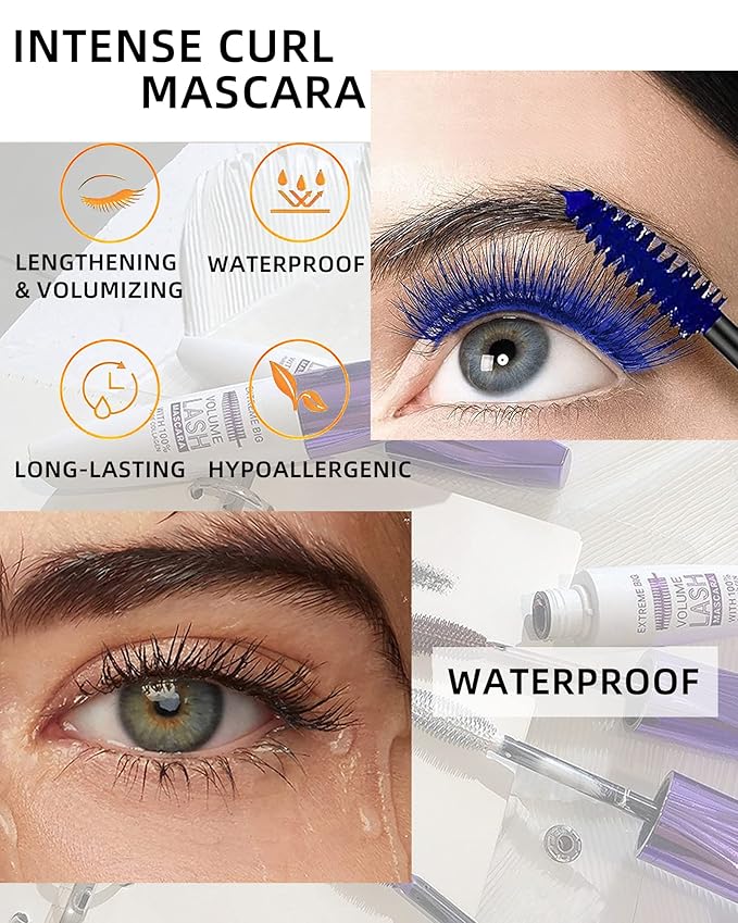 5D Colored Mascara for Eyelashes-3 Colors Blue Purple Green Longlasting Waterproof Mascara Volume and Length,Curling Fiber rimel de pestañas,Women’s Day Cosplay Eye Makeup Gift for Women Girl