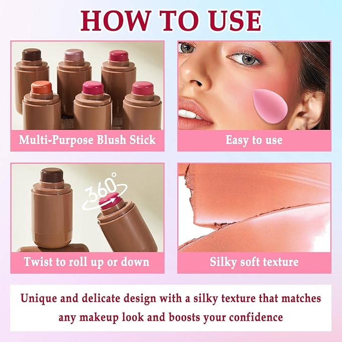 3 Colors Blush Stick with Makeup Sponges,Matte Solid Cream Blush,Multi-Use Blush Stick for Cheeks,Lips and Eye,High Pigmented Makeup Sticks Set A1