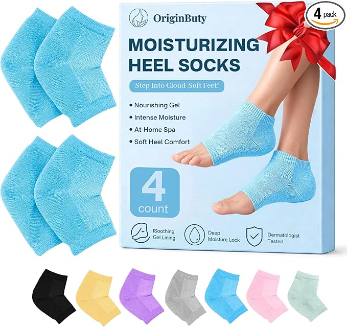 Moisturizing Socks, 100% Cotton Heel Socks for Dry Cracked Feet Women, Cracked Heel Treatment Silicone Heel Socks, Breathable Hydrating Gel Heel Protectors for Repair, Spa & Daily Use, 2 Pairs, Blue