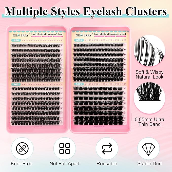 GEMERRY Lash Clusters Kit 4 Style Clusters Eyelash Extensions False Eyelashes Wispy Natural Lashes Fluffy Individual Lashes with Bond and Seal and Tweezers (60D 80D 100D 200D, 8-16mm)