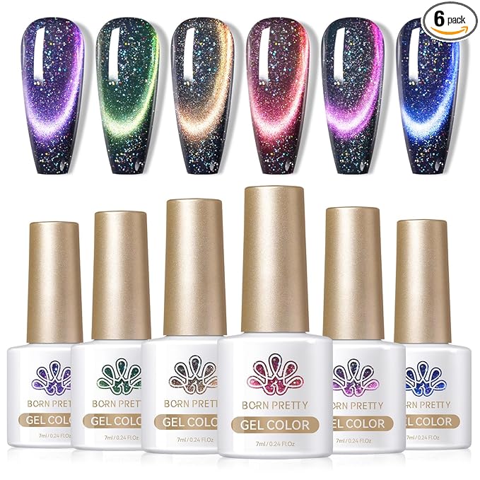 Born Pretty 9D Magnetic Gel Nail Polish Reflective Glitter Gel Polish Holographic Colorful Cat Magnetic Gel Polish Set 7ML 6PCS