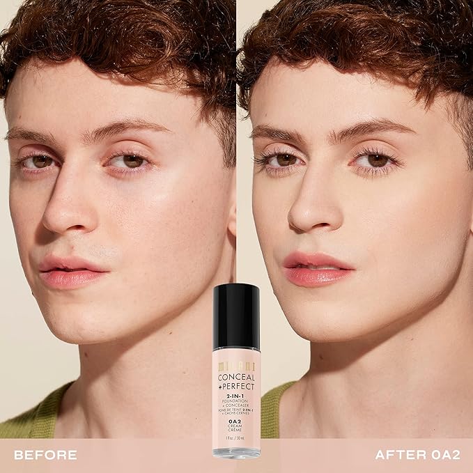 Milani Conceal + Perfect 2-in-1 Foundation + Concealer for a Flawless Complexion, Under Eye Corrector, Cover Redness and Imperfections, Waterproof and Sweatproof - 0A2-Cream