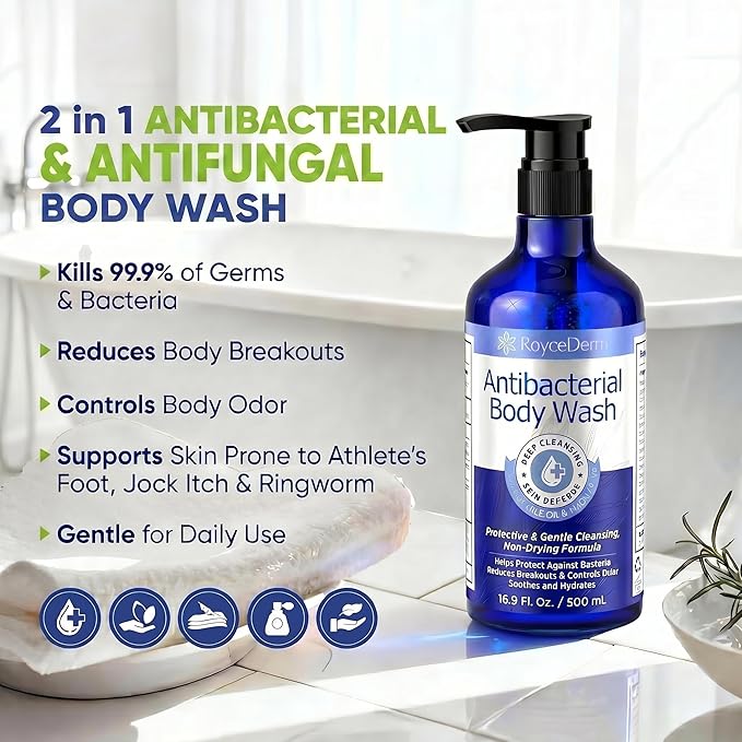 Roycederm Antibacterial & Antifungal Body Wash (16.9 fl oz) - Antibacterial Soap for Odor, Back Acne, Jock Itch, Athlete’s Foot & Eczema - Kills 99.9% of Germs & Bacteria - Non-Drying Daily Cleanse