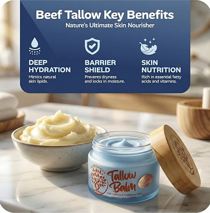 Copper Peptide GHk-Cu & Methylene Blue Infused Whipped Grass Fed Tallow Balm, Fine lines, Wrinkles, Eczema, Acne, Full body Moisturizer, For All Skin (1.7 oz)