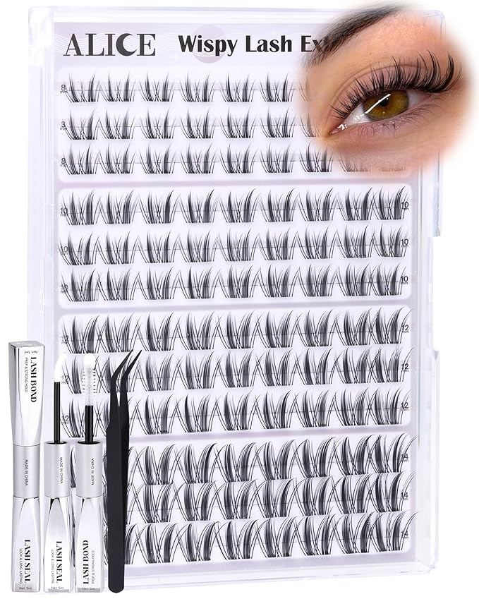 ALICE Anime Lash Clusters Kit Natural Wispy Cluster Eyelash Extension Kit Manga Eyelash Clusters Kit 8mm-14mm Invisible Band Individual Lashes with Bond and Seal DIY at Home