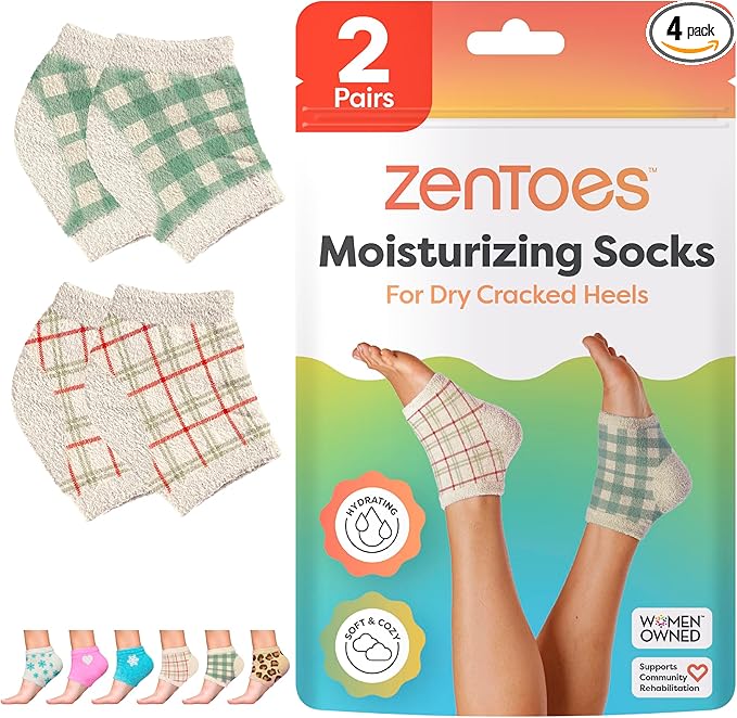 ZenToes Moisturizing Socks for Cracked Heel Treatment, Vitamin E, Olive Oil and Jojoba Oil Infused Heel Socks, Spa Gifts for Women, Mothers Day Gifts (Green Gingham & Multi Plaid, Regular)