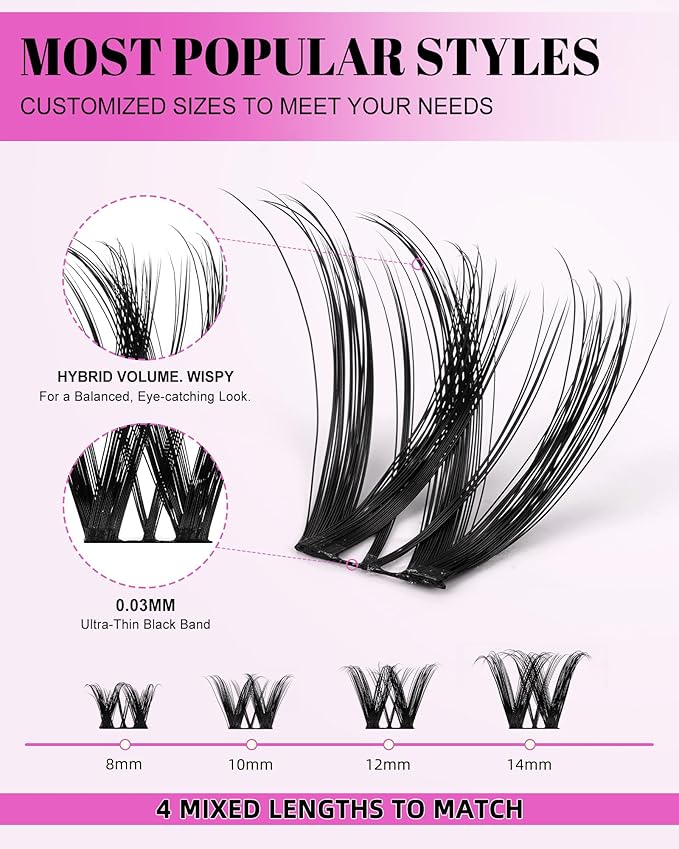 Flora Lash Clusters Kit Short 8-14mm Wispy Eyelashes Cluster Extension Kit Individual DIY False Lash Extension Spiky Cat Eye Lashes Fake Eyelashes Clusters with 0.03mm Ultra-Thin Wide Band