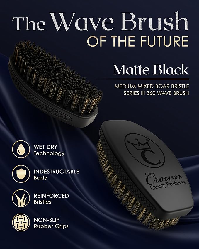 Crown Quality Products 360 Sport Wave Caesar 2.0 Boar Bristle Hairbrush, Medium, Triple Black - Non-Slip Grip, Waterproof Design - The Ultimate 360 Wave Brush