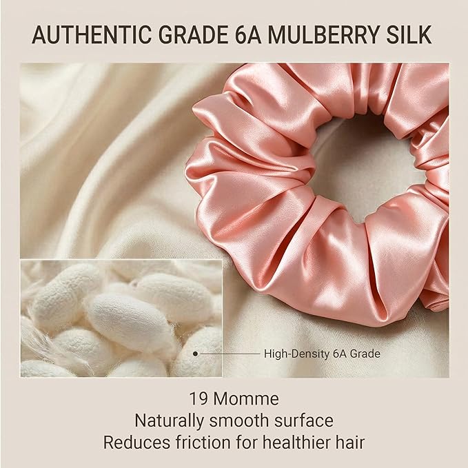 ZLYC 100% Mulberry Silk Hair Tie Scrunchie 19 Momme Gentle Creaseless Dent-Free Ponytail Holder for Women, 6cm Solid Peach Pink