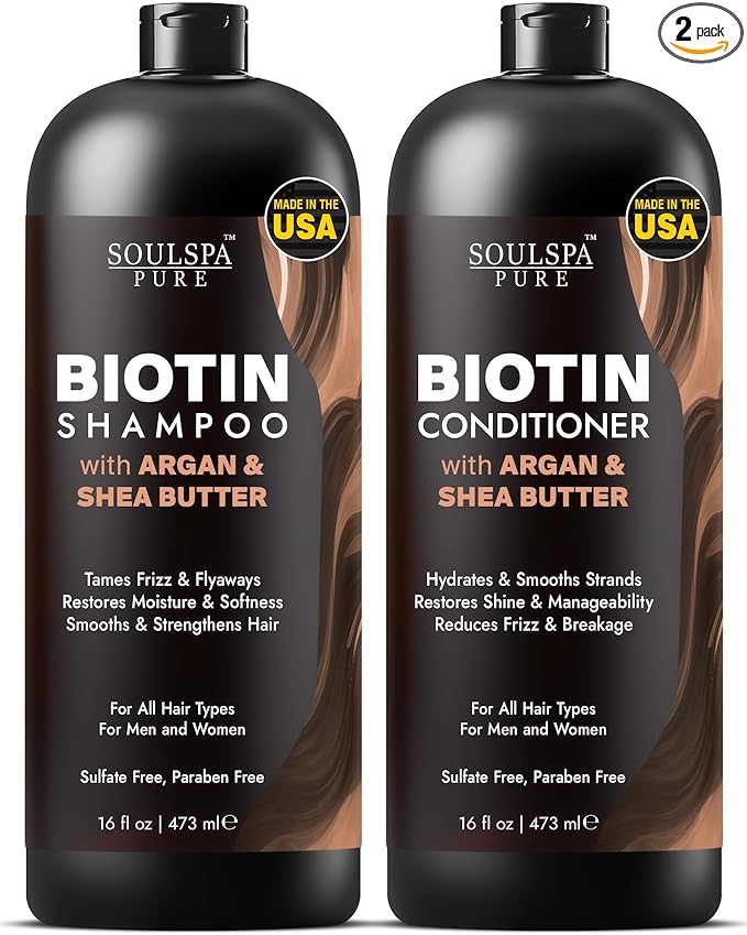 SOULSPA PURE Biotin Argan Oil Shampoo and Conditioner Set - Shea Butter Moisturizing Formula for Curly, Dry & Damaged Hair - Deep Hydration for Men & Women - Made in USA - 16 fl oz Each