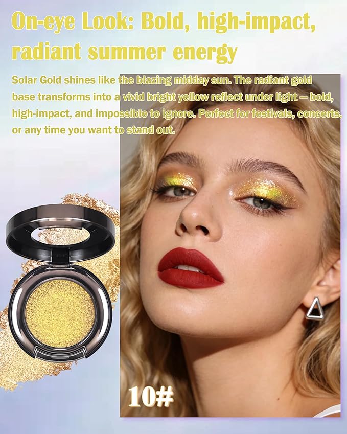 Chameleon Duochrome Glitter Eyeshadow Palette, Holographic Shimmer Single Eye Shadow Palettes, Color Shift Sparkle Iridescent, Multichrome Metallic Eye Brightener Highlighter Makeup-10 Solar Gold