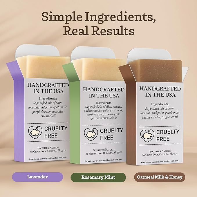 Southern Natural Goat Milk Soap Bar – Lavender, Oatmeal Milk & Honey, Rosemary Mint – Handmade for Dry and Sensitive Skin– Face & Body Wash for Men, Women, Kids, Baby – 3 pack (4-4.5 oz)