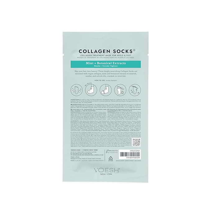 VOESH Collagen Socks, Collagen Socks for Dry Feet, 4 Pack, Peppermint Oil, Cracked Heel Repair, Moisturizing Socks, Spa Pedicure Treatment, Spa Socks, Foot Peel Masks, Vegan