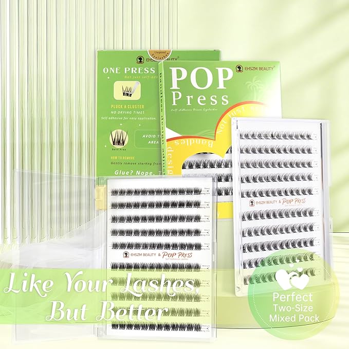 POP PRESS 10-12mm Go-To 2-in-1 Self-Adhesive Lash Clusters Kit, 1-Minute Pre-Glued Press-On, All-Rounder Tapered Tips, Includes Tweezers, All-Day No-Fall, Ideal for Everyday Runs