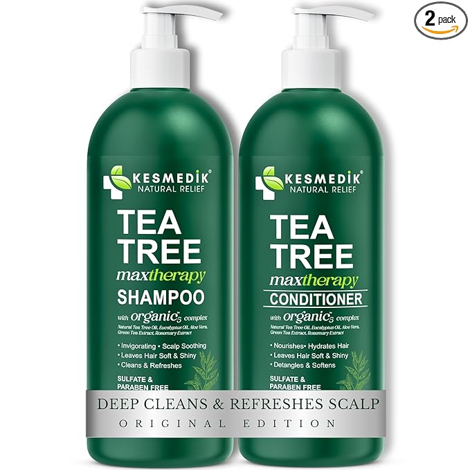 KESMEDIK Tea Tree Oil Shampoo and Conditioner MaxTherapy Set, Itchy Scalp Relief, Refreshes & Cleanses Dandruff & Buildup, Clarifying for Oily Hair, Women & Men, 16 fl oz Each