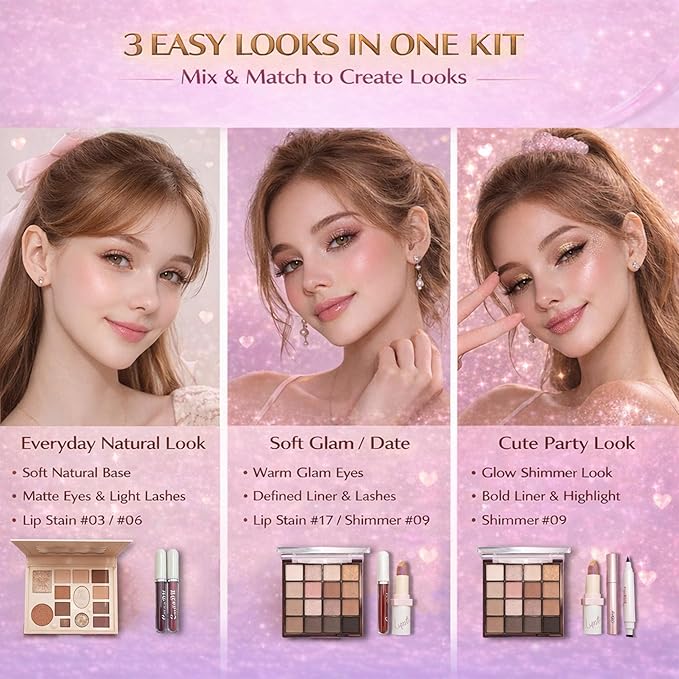 All in One Makeup Kit for Women & Beginners, Essential Full Makeup Set with Eyeshadow Palette, Lip Gloss, Foundation, Brushes – Makeup Gift Set for Teens & Girls, Great Value Starter Kit