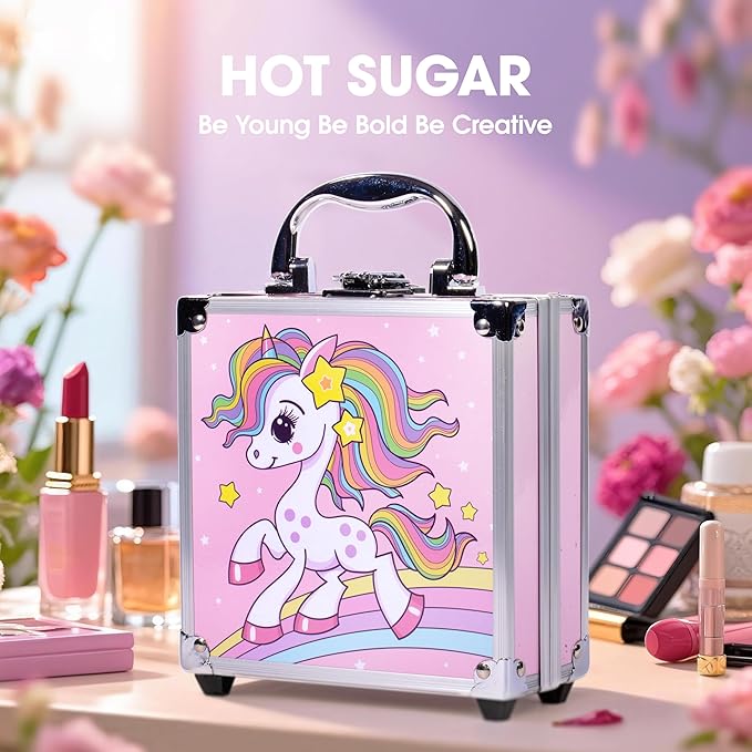 Hot Sugar Girls Makeup Kit for Teenagers 13-15 Includes Eyeshadow Lip Gloss Blush Highlighter Contour Brush (Pink Unicorn)