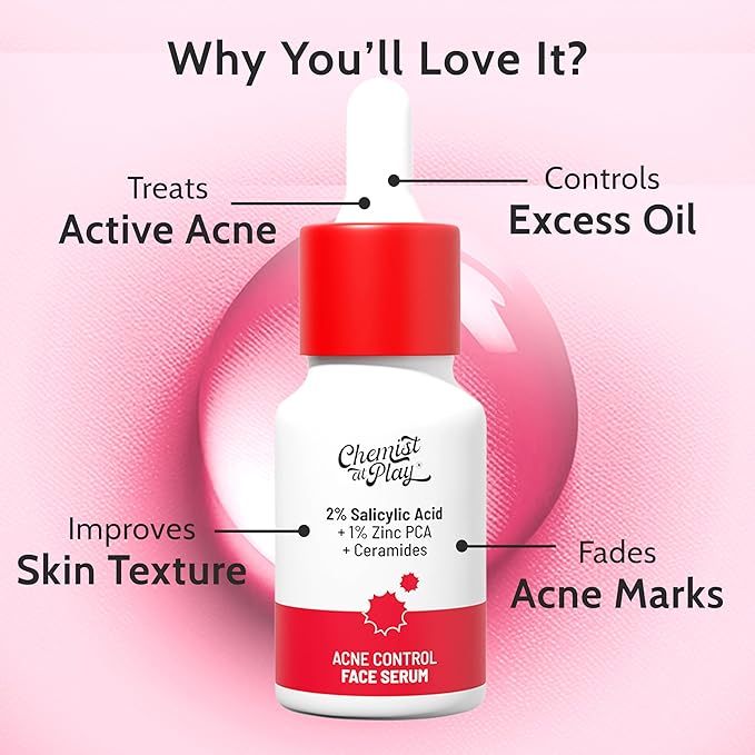 Chemist At Play 2% Salicylic Acid Face Serum | Treats Active Acne | Controls Excess Oil | Fades Acne Marks | Improves Skin Texture | 10ml