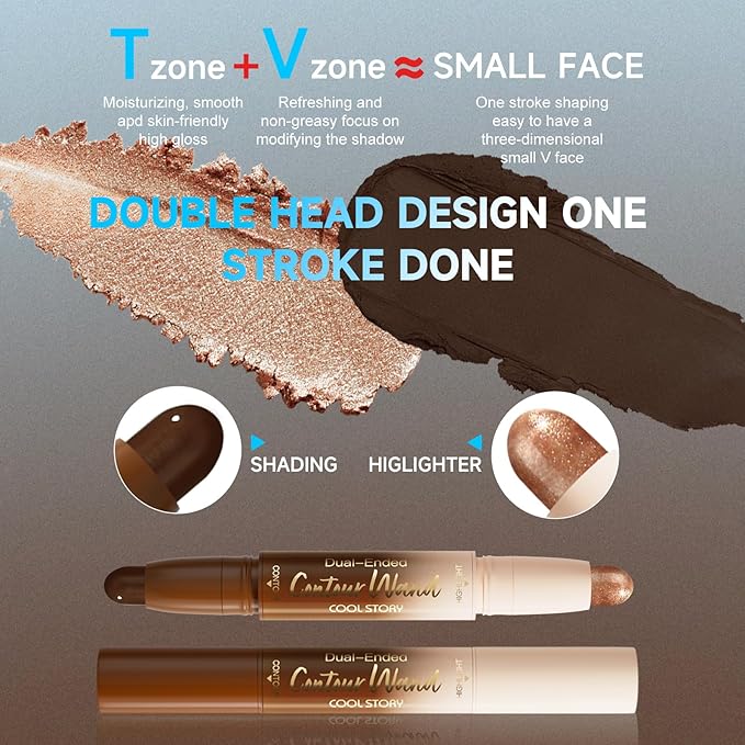 Dual-Ended Contour & Highlight Stick Cream Waterproof Contour Stick, Buildable Formula for Natural Definition and Sculpting, Flawless Cheeks/Jawlines/Nose Contours, creat your better face (Deep Rich)
