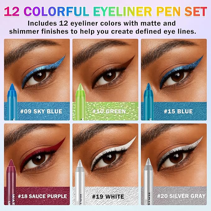 12PCS Colorful Eyeliner Pencils Set Black White Green Blue Brown Red Colored Gel Glitter Metallic Eyeliner Pencils Waterproof Long-Lasting Professional Eye Liner Makeup Kit