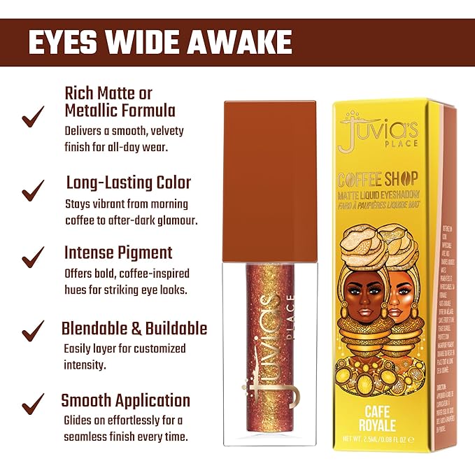 Juvia's Place Coffee Shop Liquid Eyeshadow - Café Royale - Metallic Shimmer for Long-Lasting Color, Waterproof, and Glittering Finish - Buildable and Vibrant - Ideal for All Skin Tones - 0.08 fl oz