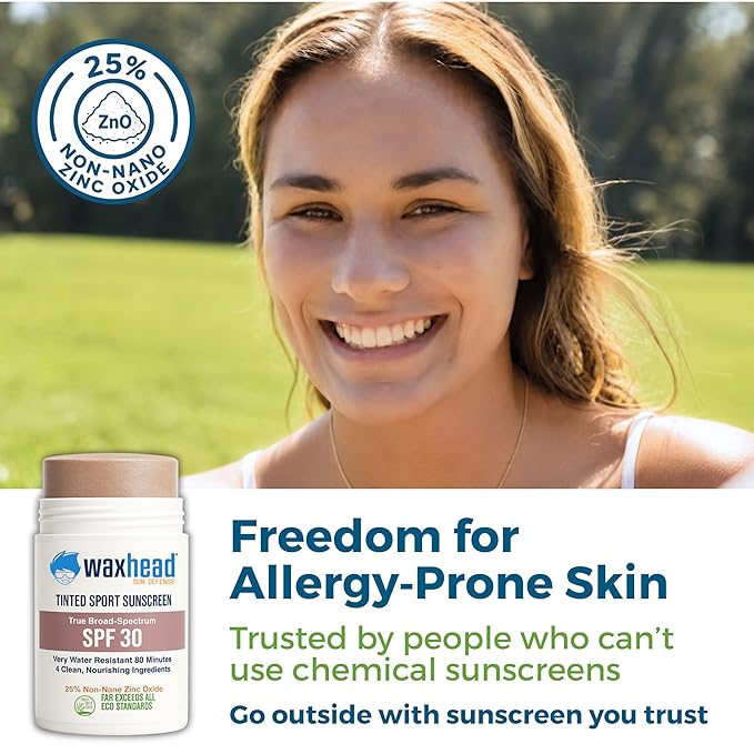 Waxhead Tinted Zinc Oxide Sunscreen Stick SPF 30, 3.7oz, 25% Non-Nano Zinc Oxide, 4 Food-Grade Ingredients, Sweat & Water Performance, Reef-Safe Mineral Face Stick for Kids & Sensitive Skin
