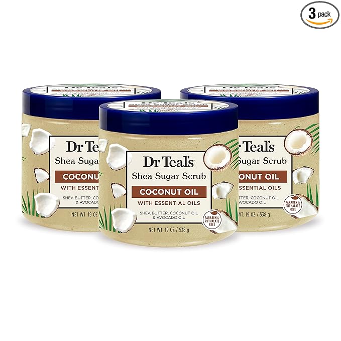 Dr Teal's Shea Sugar Body Scrub, Coconut Oil with Essential Oils, 19 oz (Pack of 3)