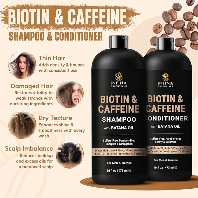 INFINA ESSENTIALS Caffeine Biotin Shampoo and Conditioner Set | Hair Thickening & Strengthening | 16 fl oz Each | with Batana Oil & Castor Oil | For Thinning Hair Care | Men & Women | Made in USA